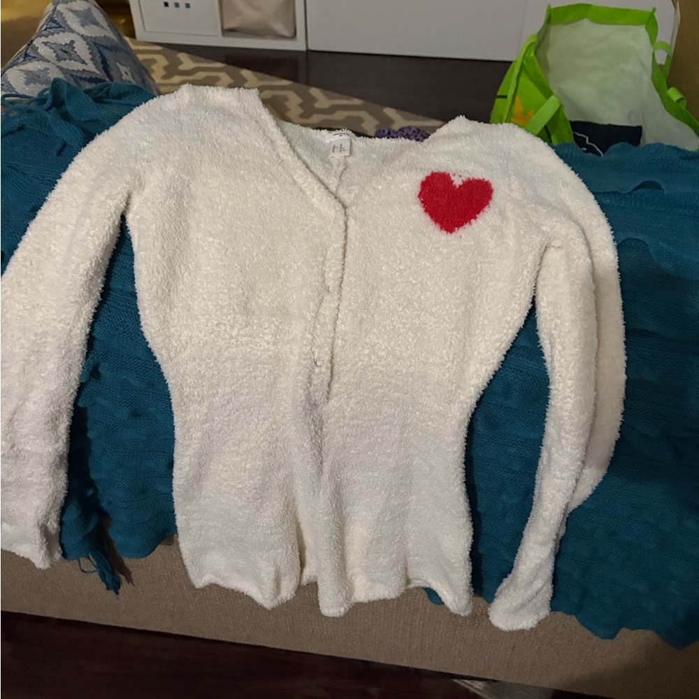 White Fuzzy Sleep one piece/romper with Red Heart